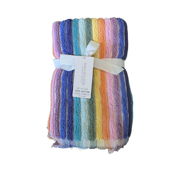 Rachel Zoe Rainbow Stripes Set of 2 Hand Towels NWT - Picture 1 of 2